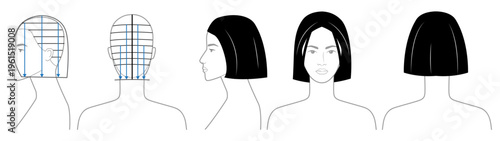 Black and white bob haircut diagram showing structure, sectioning and cutting lines with front and back views, clean technical vector illustration education, salon training professional reference