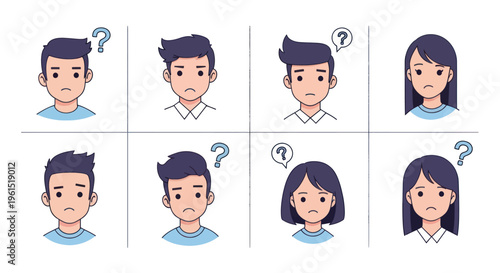 Set of confused male and female cartoon avatars with question marks and sad expressions, ideal for illustrating doubt, uncertainty, or problem-solving concepts