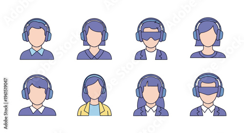 Set of diverse people wearing headphones and virtual reality glasses icons, technology and communication concept, use for web and app design