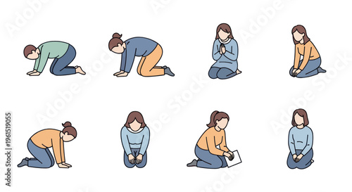 Set of diverse women in various kneeling and praying poses, flat style illustrations ideal for religious or meditation content
