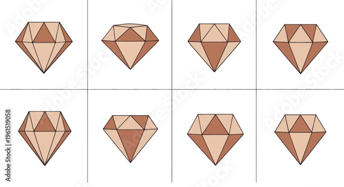 Set of eight brown diamond shapes with faceted geometry isolated on white background, ideal for design and jewelry concepts