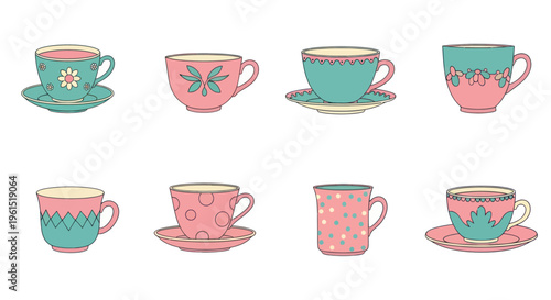 Set of eight vintage pastel colored teacups and mugs with floral and geometric patterns isolated on white, perfect for kitchen or cafe designs