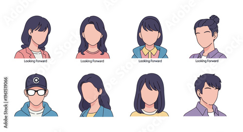 Set of diverse faceless young adult avatars with different hairstyles and casual clothing, ideal for user profiles, social media, or team illustrations