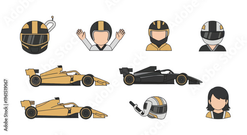 Set of race car driver and formula cars icons in black and gold colors, ideal for motorsport and racing themed projects