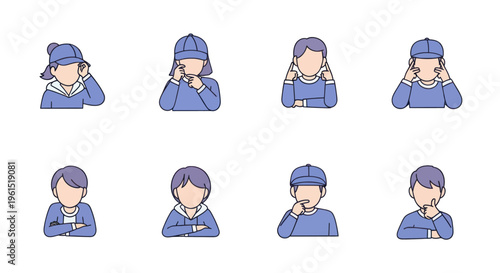 Set of faceless cartoon characters showing various thinking and listening gestures, suitable for educational and communication content