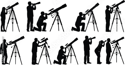 telescope observation silhouettes set, people using tripod telescopes for stargazing astronomy science night sky exploration hobby illustration collection isolated