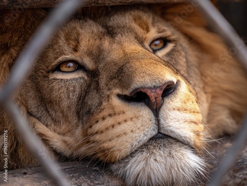 Lion behind a metal fence closeup.