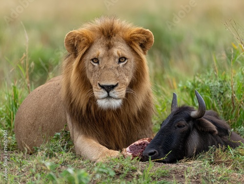 Lion resting with antelope in savannah.
