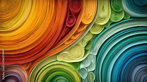 Vivid concentric bands of rolled paper create an intricate abstract background design