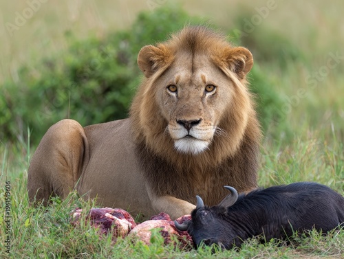 Lion resting with killed antelope prey.