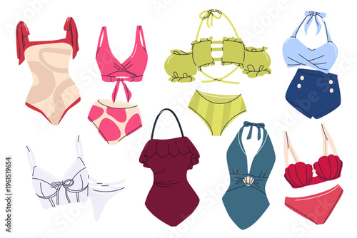 Collection of stylish women's swimsuits. Trendy women's bikini set. Summer vibe. Swimming suit bikini, fashion tops, panties and vacation clothing.