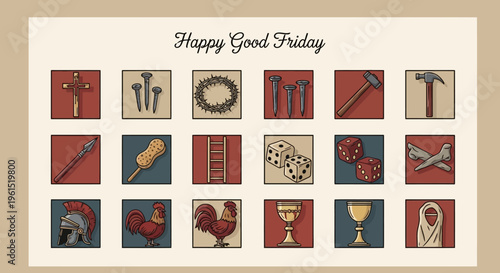 Illustrative Grid of Christian Symbols for Good Friday, Representing the Passion of Christ and Holy Week Events