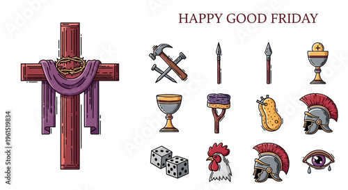 Good Friday Christian symbols vector set with the cross, crown of thorns, nails, and other Passion artifacts for solemn observance