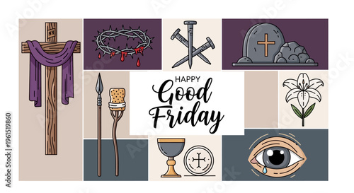 Thoughtful illustrative collection depicting sacred religious symbols of Christ's Passion, sacrifice, and sorrow, reverently arranged for Good Friday observance and spiritual reflection