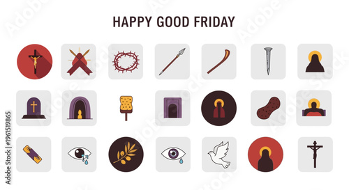 A comprehensive vector icon set depicting Good Friday and Easter symbols, representing Christian faith, sacrifice, and spiritual observance for religious holidays and design projects