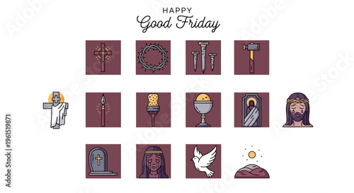 Happy Good Friday religious iconography collection with symbols of faith and resurrection