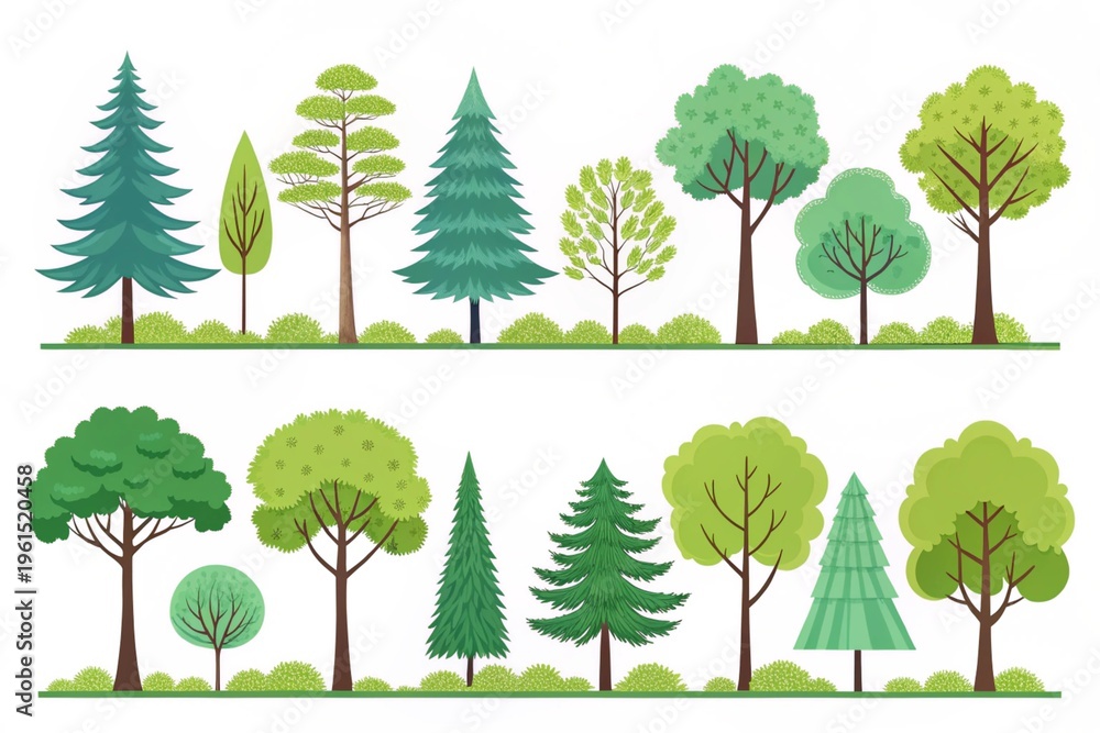 Fototapeta premium Collection of stylized green trees in various shades isolated on white background, perfect for nature, eco design, branding, patterns, and modern botanical illustration projects.
