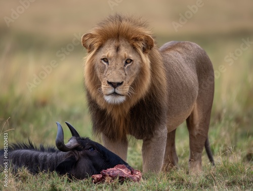 Lion standing over wildebeest kill savannah.