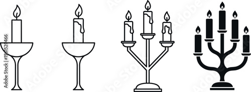 Candle and Candelabra Icon Vector Set Featuring Elegant Candle Holders, Wax Drip Designs, and Decorative Lighting Symbols in Line and Solid Styles