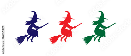 Colorful witches flying with broomsticks in mid air