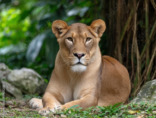 Lioness resting in natural habitat outdoors.