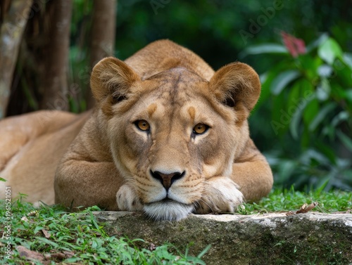 Lioness resting on a rock outdoors 1.