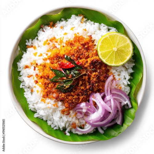 Pol Sambol Sri Lankan food plate isolated on a white background
