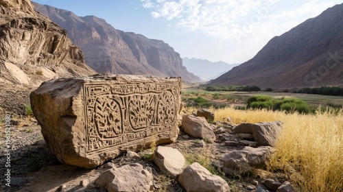 Carved stone slab in mountain valley, ancient script, landscape background
