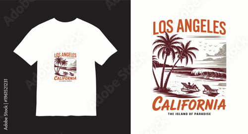 Vintage summer vacation illustration with palm trees and beach chairs for Los Angeles California island paradise apparel