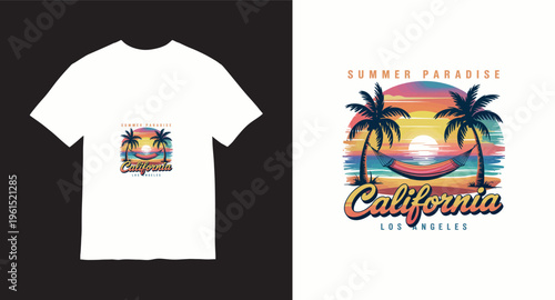 Summer paradise California Los Angeles t-shirt design with palm trees sunset and hammock