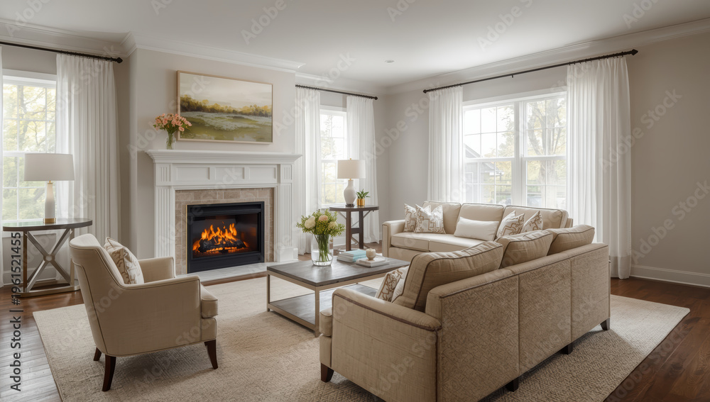 Naklejka premium Neutral beige living room with fireplace, sofa, armchair, coffee table, curtains