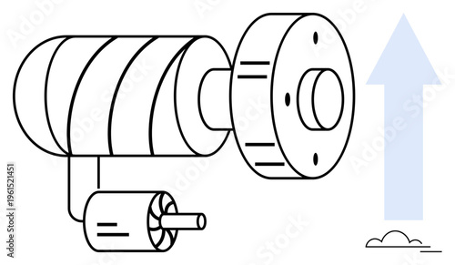 Aerospace engineering, propulsion systems, innovation, scientific research, education, manufacturing. Diagram of a simplified rocket engine with an upward arrow. Aerospace engineering and propulsion