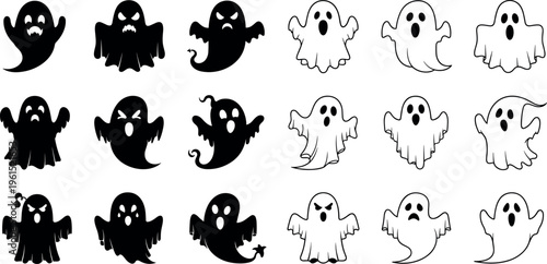Cartoon Ghost Icon Set with Playful and Spooky Designs for Halloween, Supernatural, and Spooky Event Concepts Vector Illustration Collection