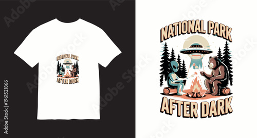 National park after dark alien and bear roasting marshmallows by campfire with ufo illustration
