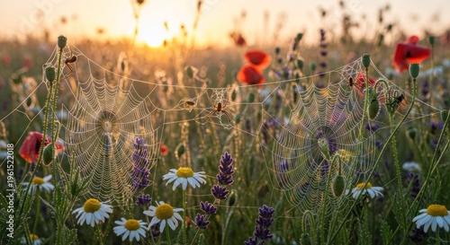 Picturesque scene reveals a sunlit meadow abounding with diverse wildflowers, where detailed spiderwebs glimmer amidst the plants, showcasing the beauty of nature's intricate designs.