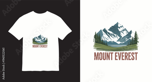 Mount Everest t-shirt design with majestic mountain range and pine trees landscape illustration