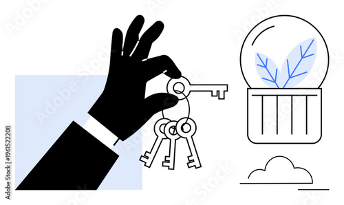Sustainability, security access, environmental conservation, eco-innovation, resource management, green technology. Illustration of keys and leaves in a glass dome. Sustainability and security access