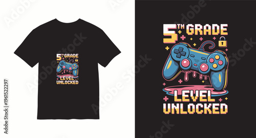 5th grade level unlocked t-shirt design with game controller and pixel art elements