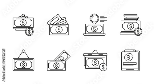 Money Cash Dollar Bill Icons.