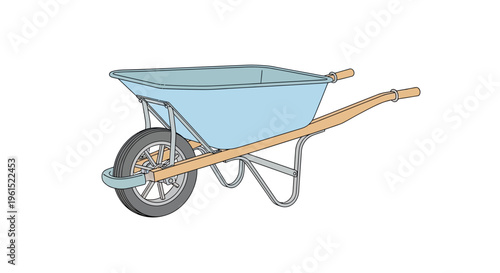 A blue wheelbarrow with wooden handles.