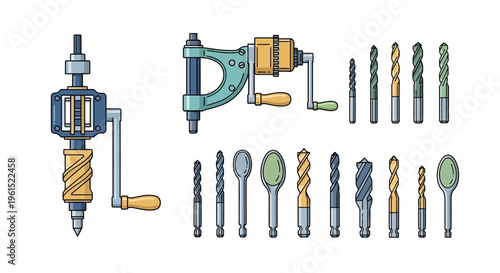 Drill and various drill bits tools.