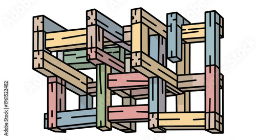 Colorful wooden puzzle pieces structure.