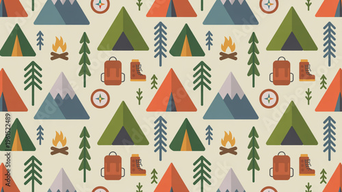 Camping icons, outdoor adventure symbols, travel illustration, seamless pattern