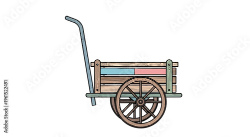 Vintage wooden cart with wheel.