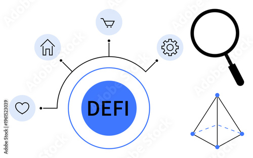 Decentralized finance concept. Decentralized finance network with symbols of home, shopping, heart, and cog. DeFi transforming financial systems through blockchain. For fintech, innovation, finance
