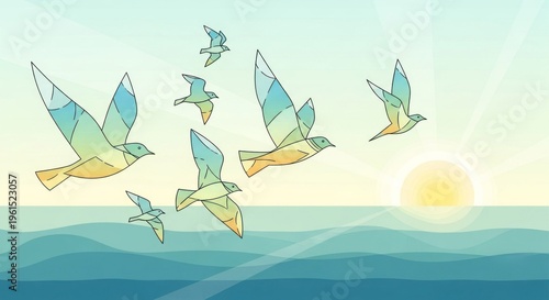 Illustrative representation of stylized birds in flight, soaring across a serene seascape with the setting sun in the background, showcasing vibrant colors and a peaceful atmosphere in the sky.