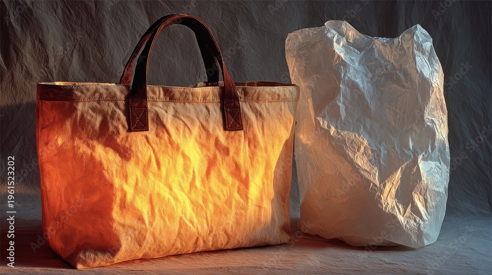 Naklejka premium Stylish fabric tote bag glows in warm light beside a tall crumpled paper form, creating an artistic still life ideal for eco branding, retail, or design concepts.