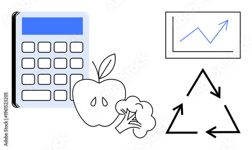 Sustainability, environmental impact, healthy living, eco-friendly practices, waste reduction, financial planning. Calculator, apple broccoli recycling symbol and growth chart. Sustainability
