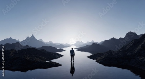 Serene scene depicts a lone figure standing in tranquil waters, reflecting the soft, diffused light of a sunrise over distant mountain ranges, the composition evoking feelings of peace and...