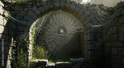An old stone archway, shrouded in shadows and filled with delicate spiderwebs, creating a scene of decay, with greenery growing amidst the weathered brick.